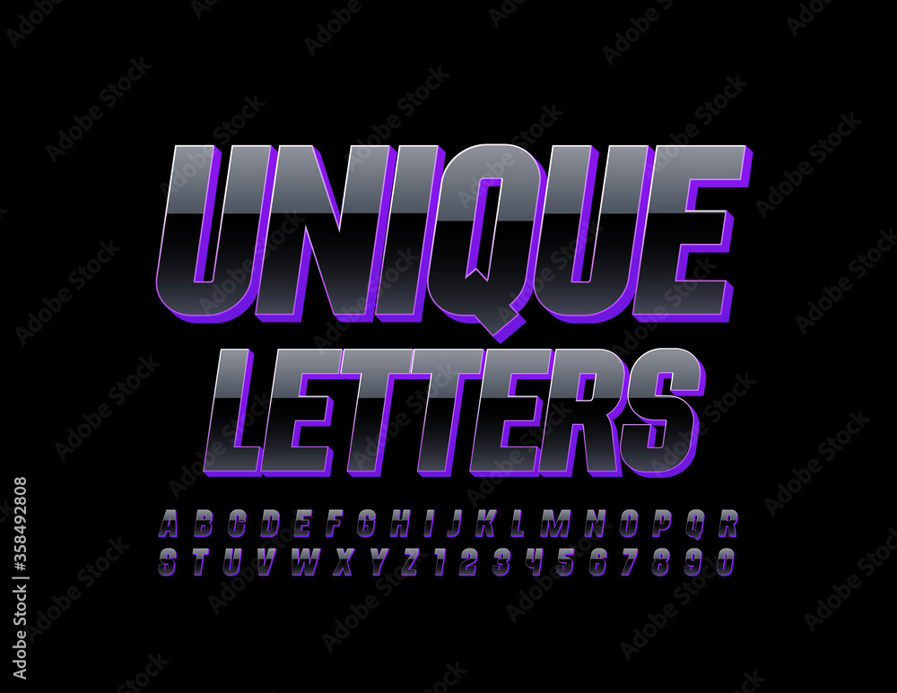 Fototapete vector unique alphabet letters and numbers. glossy black and violet font