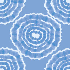 Blue tie dye circles background. Seamless hand painted pattern tie dye shibori print. Textured batik fabric. Vector illustration for fabric, wallpaper, scrapbooking projects, backgrounds.