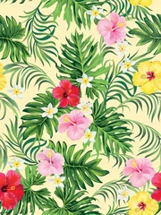 Poster Im Rahmen Vektortropisches Muster mit Hibiskusblüten und exotischen Palmblättern. Trendiger Sommerhintergrund. Sommerblumenillustration. © Logunova  Elena