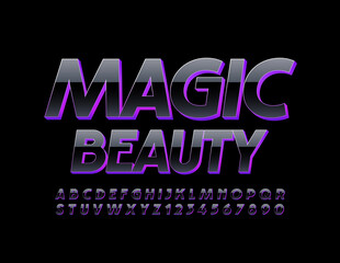 Vector trendy logo Magic Beauty with Elegant Purple and Black Alphabet Letters and Numbers. Glossy 3D Font