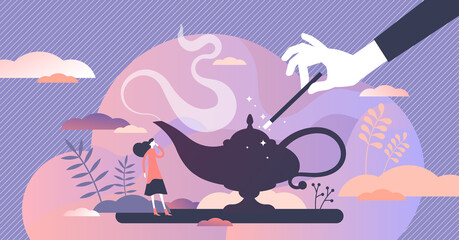 Make a wish to dream come true vector illustration in tiny persons concept.