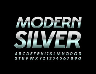 Vector Modern Silver Alphabet Letters and Numbers. Elegant metallic Font