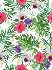  Vector tropical pattern with hibiscus flowers and exotic palm leaves. Trendy summer background. Summer floral illustration. © Logunova  Elena