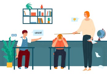 Bullying in school, sad boy teenager in stress of humiliation from schoolmate and teacher vector illustration. Bullying children, agression, victim of ridicule, harassment and abuse.