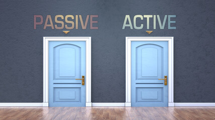 Passive and active as a choice - pictured as words Passive, active on doors to show that Passive and active are opposite options while making decision, 3d illustration