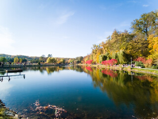 Autumn colorful foliage over lake with beautiful woods in red and yellow color.