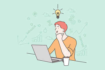 Business, work, success, thought, problem, business, freelance concept. Young happy businessman boy freelancer working on laptop having idea. Creativity and goal achievement intelligence knowledge.