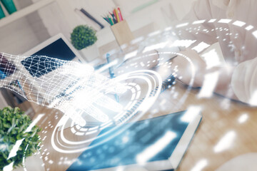 Multi exposure of woman hands on background with technology coding hologram. Data concept.