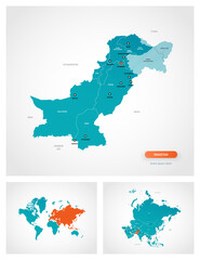 Editable template of map of Pakistan with marks. Pakistan on world map and on Asia map.