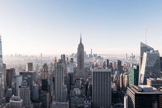 Panoramic view of Midtown and Lower Manhattan with the Empire State Building in New York City from the Top of the Rock observation deck © evahh