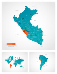 Editable template of map of Peru with marks. Peru on world map and on South America map.