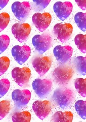 pattern of watercolor hearts with a gradient from pink to purple