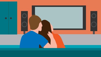Image of a quarantined couple watching a movie at home. Vector image, eps 10