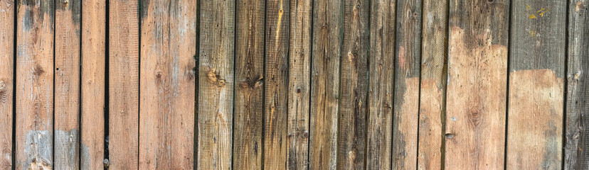 Old dirty wooden planks texture with rusty nails, abstract panoramic background.