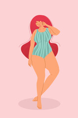 Obraz na płótnie Canvas Happy beautiful plus size girl. Happy body positive concept. Different is beautiful. An overweight attractive woman. There is no fatophobia for taking fat.Vector illustration isolated on a pink.retro