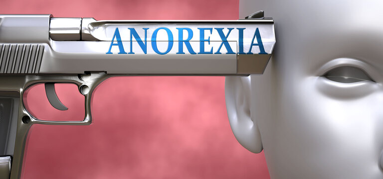 Anorexia can be dangerous or deadly for people - pictured as word Anorexia on a pistol terrorizing a person to show that Anorexia can be unsafe for mental or physical health, 3d illustration