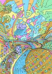 Doodle landscape. Hand drawn Vector Illustration.
