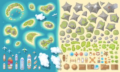 Set of landscape elements. Summer vacation. Tropical islands. (top view) Mountains, hills, rocks, stones, clouds, houses, ships, furniture. (view from above) 