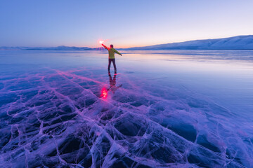 Night visual effects of lights on Lake Baikal, Russia.