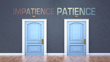 Impatience and patience as a choice - pictured as words Impatience, patience on doors to show that Impatience and patience are opposite options while making decision, 3d illustration