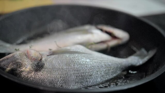 Presentation of fresh sea bream on grill pan ready to cook