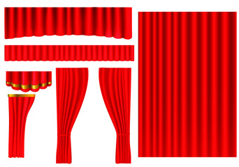red curtains set realistic 3D vector illustration isolated on white background