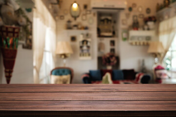 Wooden table space platform and blurred restaurant or coffee shop background for product display montage.