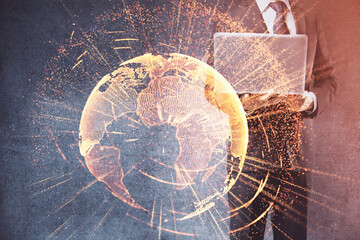 Media network theme hologram with man working on computer on background. Concept of internet...