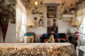 Wooden table space platform and blurred restaurant or coffee shop background for product display montage.