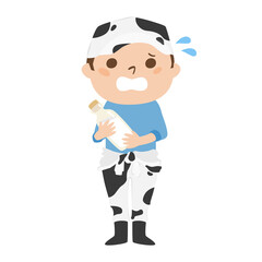 牛柄のつなぎを着た男性酪農家。汗をかいて、慌てる男性のイラスト。