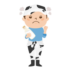 牛柄のつなぎを着た男性酪農家。怒ってる男性のイラスト。