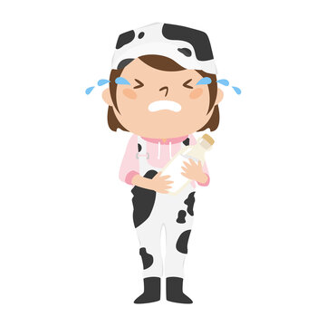 牛柄のつなぎを着た女性酪農家。悲しくて泣いてる女性のイラスト。