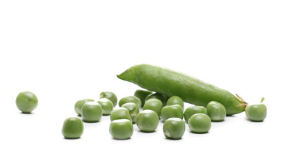 Green peas with pods isolated on white background