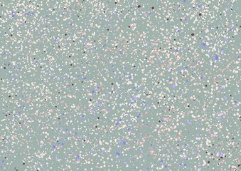grey-green background with purple and peach dots and flecks