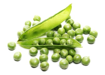 Green peas with pods isolated on white background