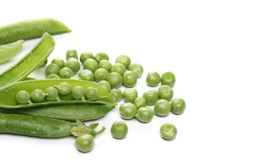 Green peas with pods isolated on white background