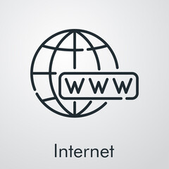 Concepto website. Icono plano lineal palabra www en globo terráqueo en fondo gris