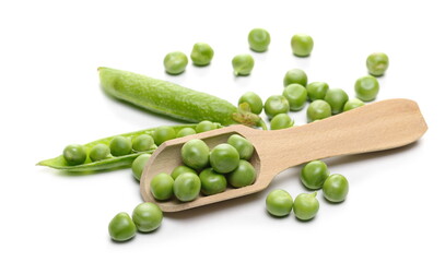 Green peas with pods and wooden spoon isolated on white background