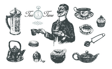 Five o'clock Tea time set with teacup, teapot, strainer. Gentleman holding cup and saucer. Vintage engraving style. Victorian Era hand drawn vector illustration