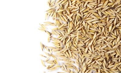 Unpeeled oat grains isolated on white background, top view