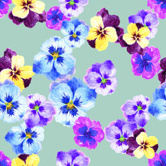 Fototapeta na wymiar Watercolor gouache pansy floral hand drawn floral illustration seamless pattern