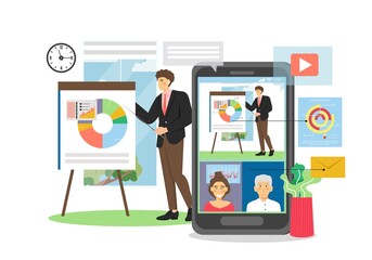 Business presentation, webinar on mobile device, vector flat illustration