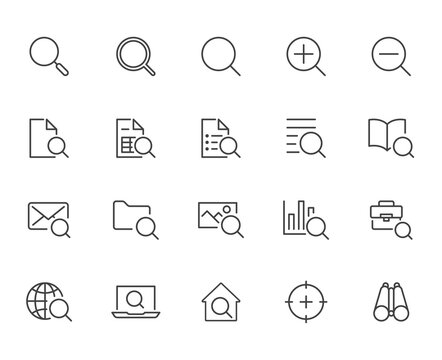 Search line icons set. Zoom, find document, magnify glass symbol, look tool, binoculars minimal vector illustrations. Simple flat outline signs for web interface. Pixel Perfect Editable Stroke