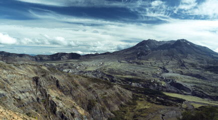 Panorama of desolate landscape of Mount St. Helens volcano in summer, Washington State