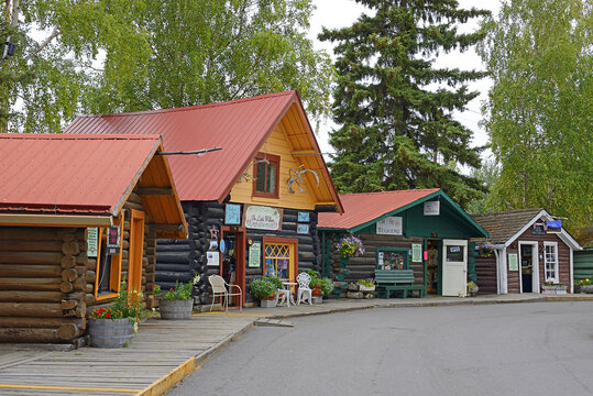 Historical Buildings in Pioneer Park. The city park commemorates early Alaskan history with multiple museums and historic displays on site. Fairbanks, Alaska, USA