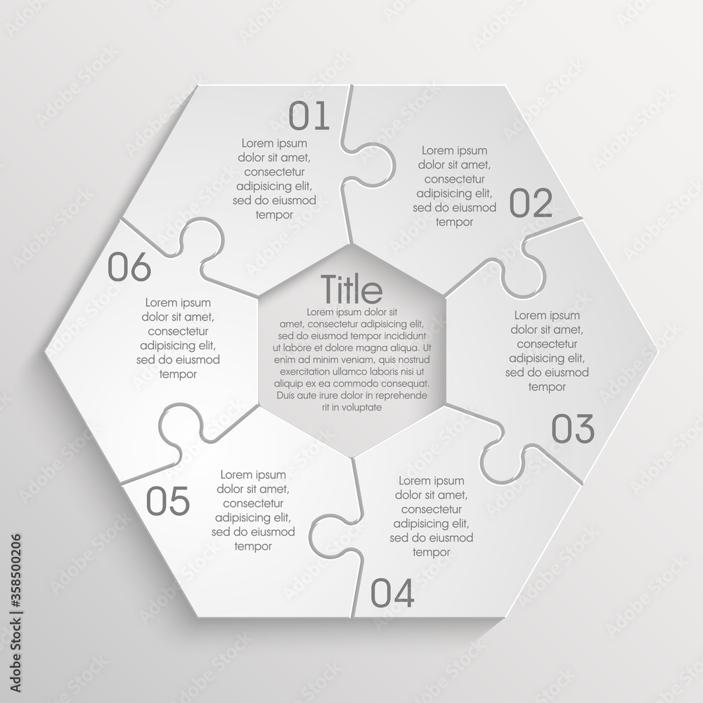 Fototapete six sided 3d puzzle presentation infographic template with explanatory text field for business stati
