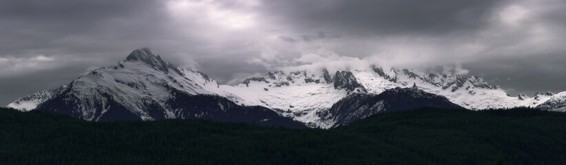 Fototapeta na wymiar Dramatic dark, mysterious, and moody mountains in the foggy Pacific Northwest