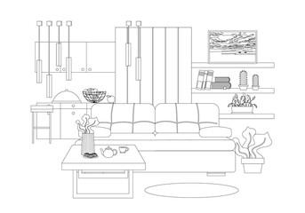 Studio apartment interior vector illustration in line art style