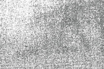 Grunge texture of coarse cloth with diagonal fibers. Monochrome halftone fabric background with dots, stripes, spots, noise and grain. Overlay template. Vector illustration