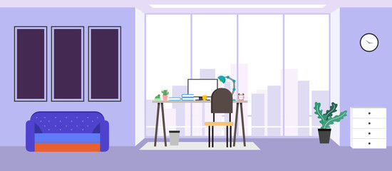 The design of a workplace, a modern office, a creative office workspace with large windows, interior furniture Vector illustration in flat design, website banner
